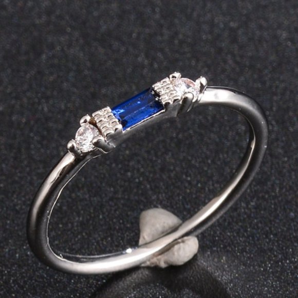 💝 Silver Blue Chic Rectangle Round Gems Dainty Ring for Women, VIP182 - Picture 2 of 5